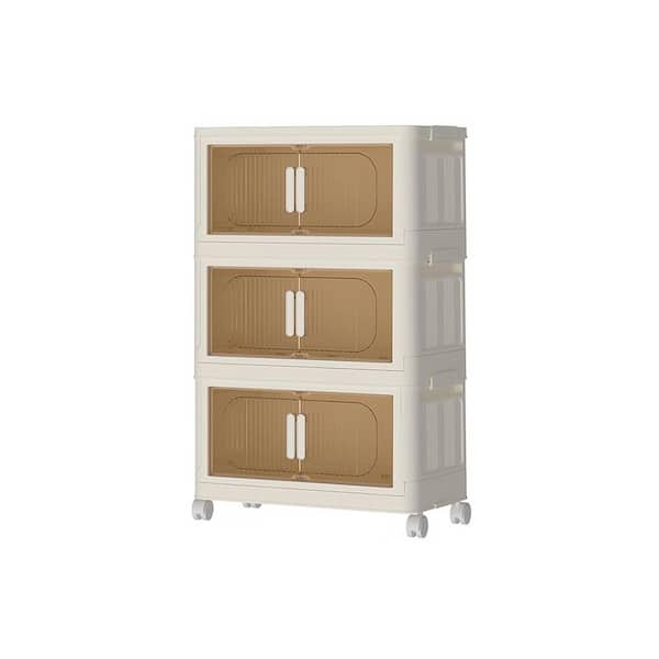 Tileon 3 Tier Cream White Plastic Storage Cabinet, Folding Kitchen Closet Organizer with Clear Magnetic Door and 4 Wheels