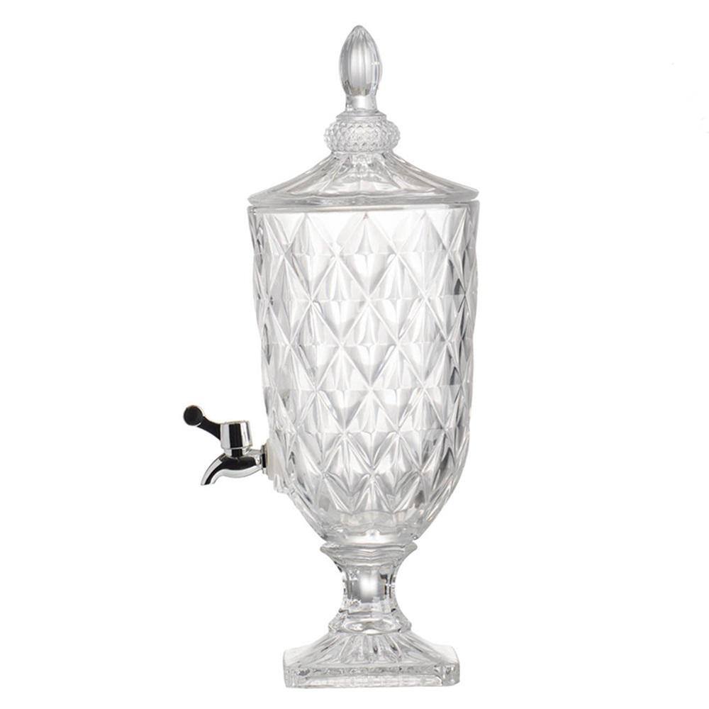 Clear Glass Diamond Pattern Lidded Drink Dispenser with Polished Silver Accents