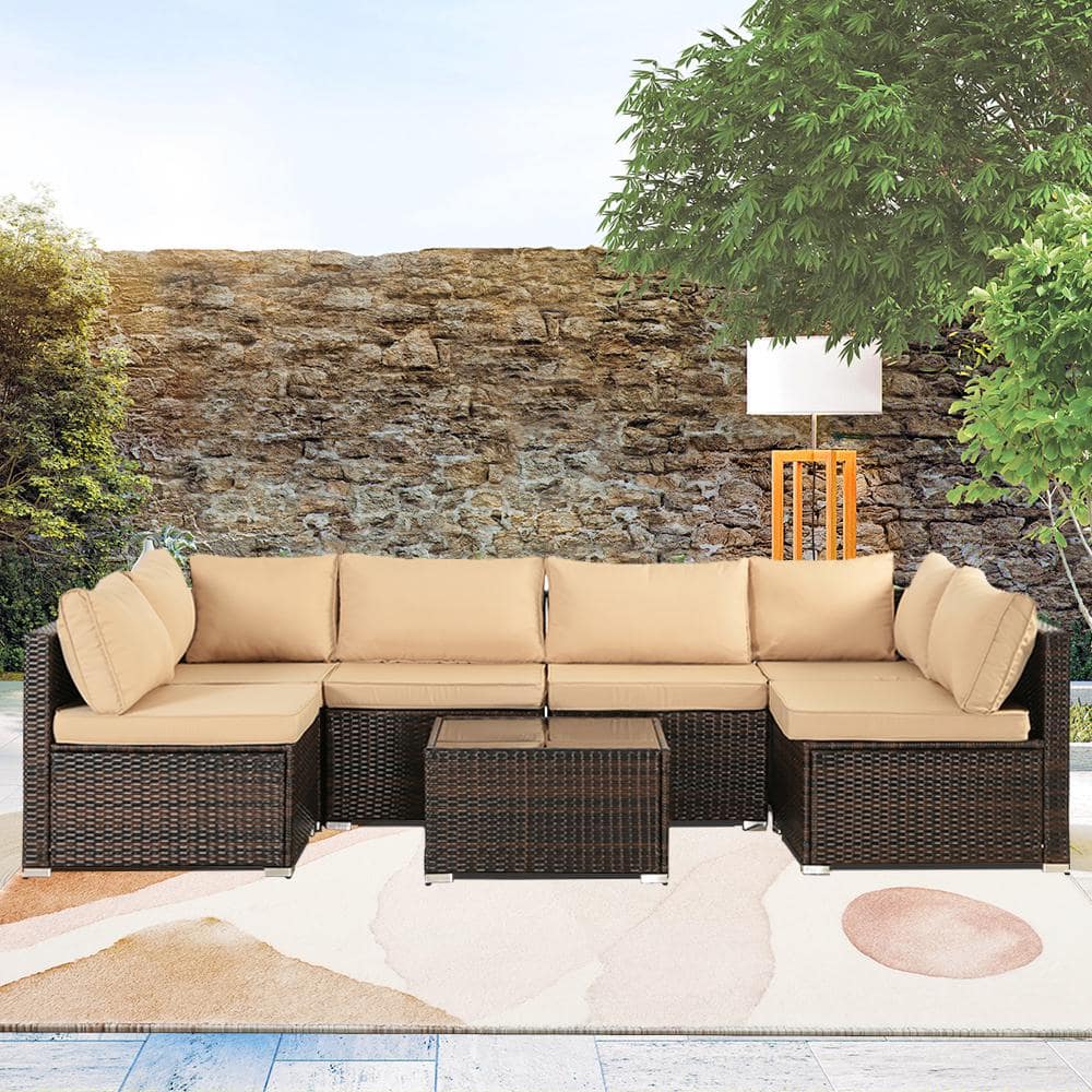 7-Piece Wicker Outdoor Sectional Set Patio Conversation Set with Brown Cush