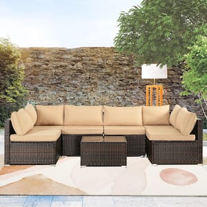 7-Piece Wicker Outdoor Sectional Set Patio Conversation Set with Brown Cushion and Coffee Table for Garden and Patio