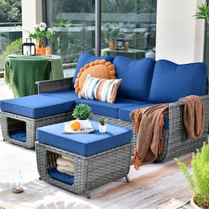 Fortune Dark Gray 3-Piece Wicker Outdoor Patio Conversation Seating Set with Navy Blue Cushions
