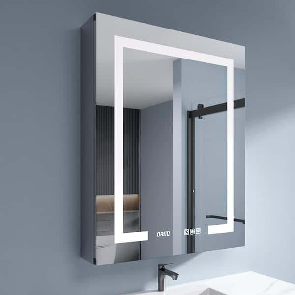 24 in. W x 30 in. H Rectangular Silver Aluminum Recessed/Surface Mount Fog Free Lighted Medicine Cabinet with Mirror