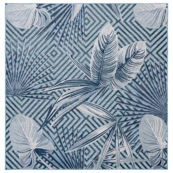 Cabana Aqua/Navy 6 ft. x 6 ft. High-Low Diamond Leaf Indoor/Outdoor Square Area Rug