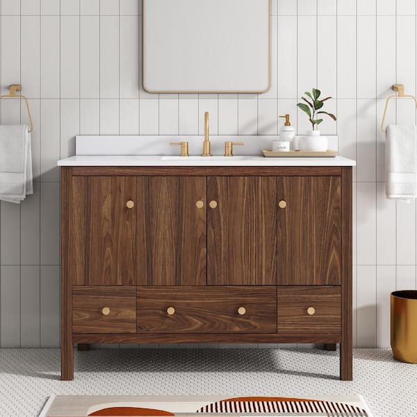 Rory 48 in. Single Sink Walnut Bath Vanity with White Engineered Marble Top (Assembled)