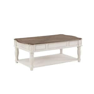 Florian 52 in. Oak and Antique White Finish Rectangle Wood Coffee Table with Shelves