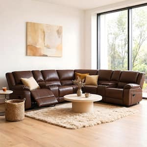 109 in. 7-Piece Modern Modular Faux Leather Manual Recliner Sectional Sofa, Brown