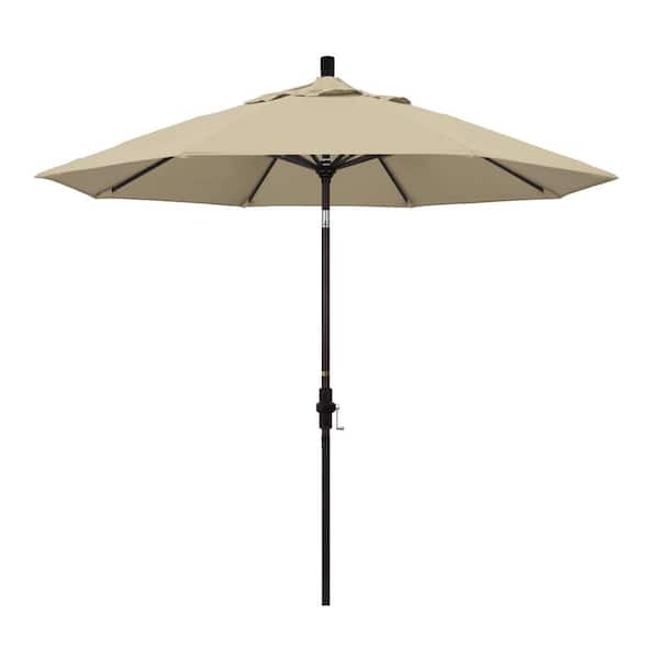 California Umbrella 9 ft. Bronze Aluminum Pole Market Aluminum Ribs Collar Tilt Crank Lift Patio Umbrella in Antique Beige Sunbrella