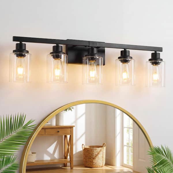 31 in. 5 Light Black Vanity Light Fixture Modern Iron Metal Bathroom Over Mirror Wall Lights with Clear Glass Shade