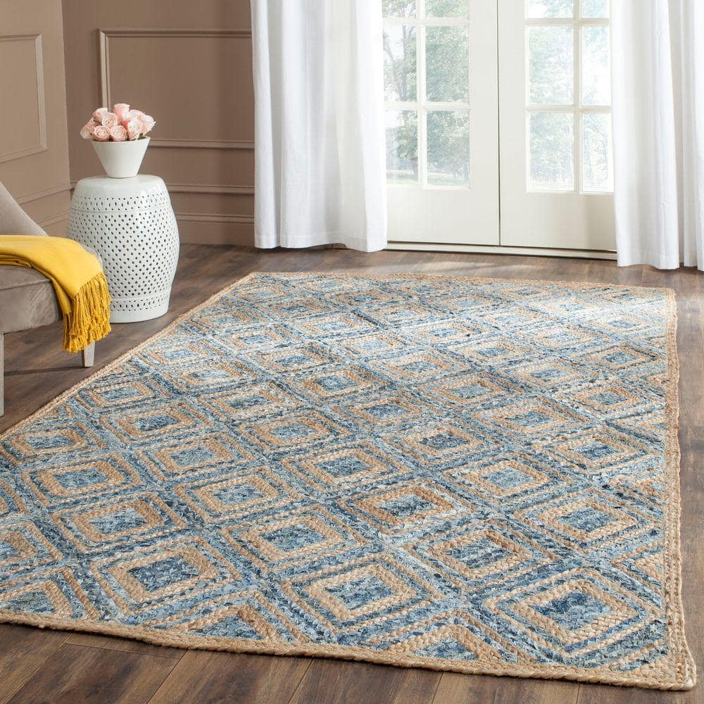 Natural Blue Geometric Jute Area Rug 5' x 8'