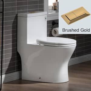 Reo 1-Piece 1.1/ 1.6 GPF Dual Flush Round Toilet in White with Seat Included and Brushed Gold Flush Button