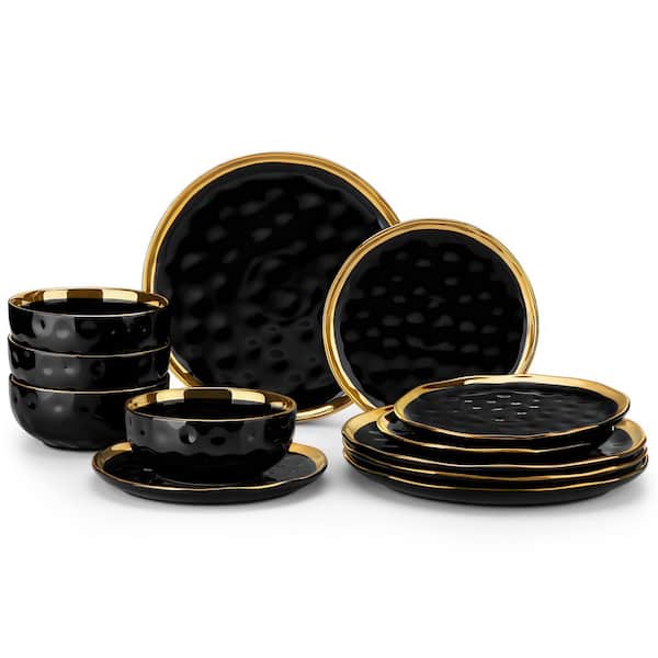 12-Piece Black Porcelain Dinnerware Set Service for 4-Gold Rim Tableware Bowls and Plates Set Dinner Service Set