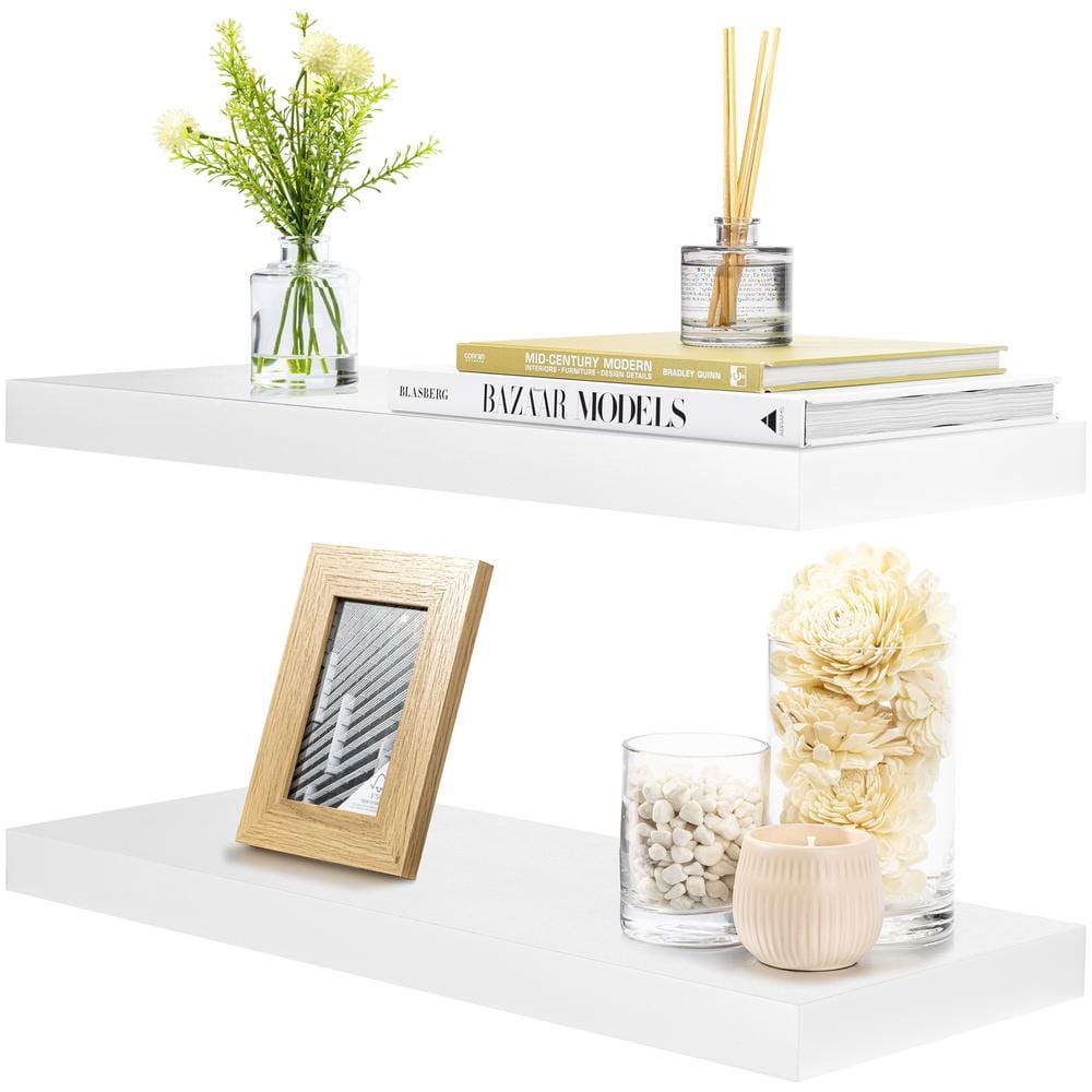 Modern White Faux Wood 25'' Floating Wall Shelf Set