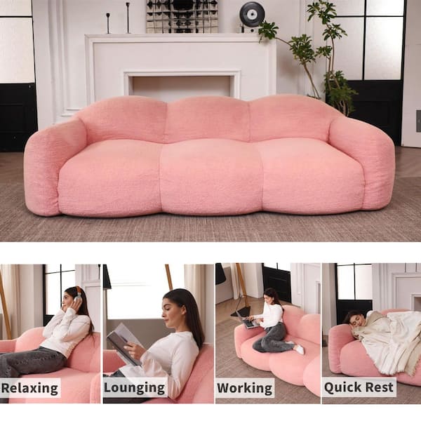 90 in. Teddy Velvet Fabric Relax Lazy Loveseats 3 Seats Deep Seat Memory Foam Sofa Comfy Cloud Couch in Pink