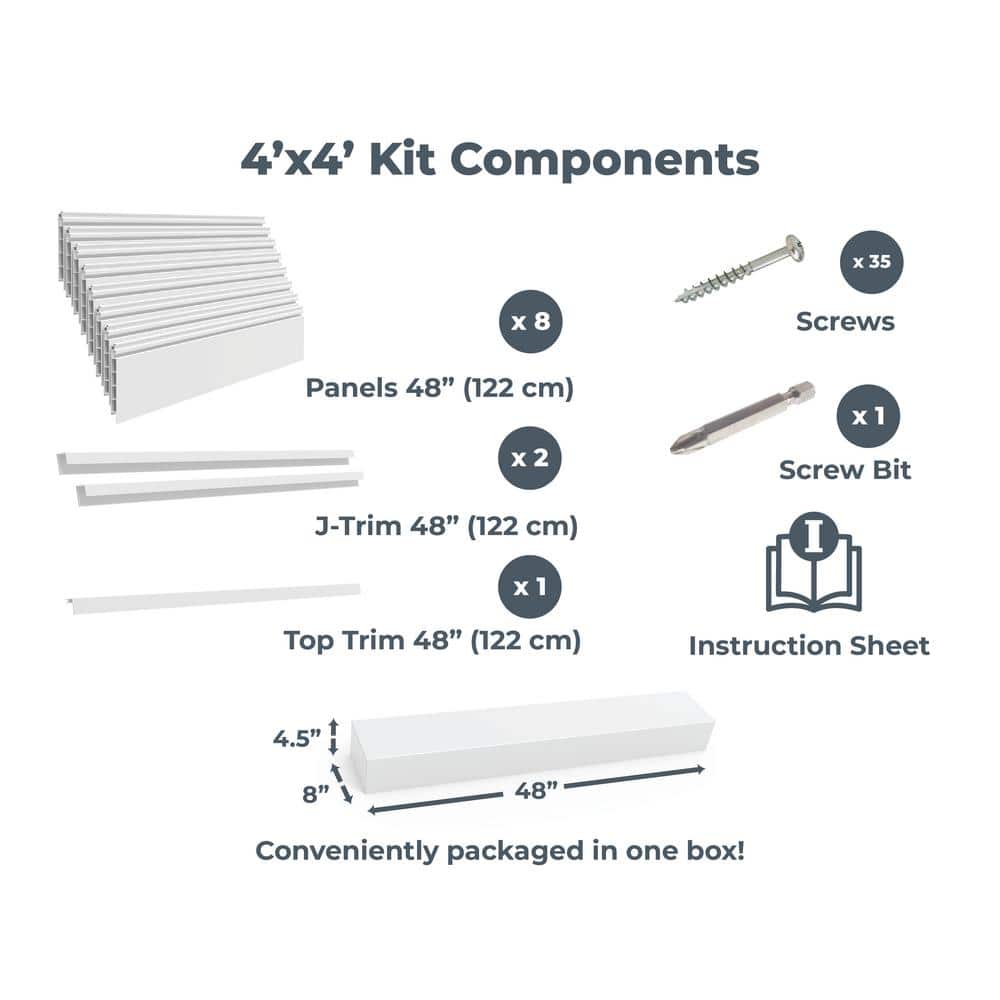 CrownWall PVC SlatWall Panels Garage Organizer Wall Mount with 10-pc Locking Hook Kit, 4’ x 4’ White