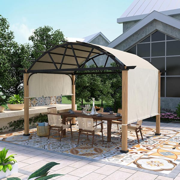 EGEIROSLIFE 10 ft. x 13 ft. Wood Grain Aluminum Outdoor Pergola with Arched Canopy and Beige Retractable Shade