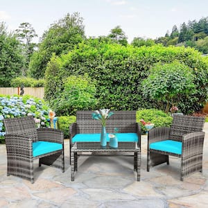 4-Piece Wicker Patio Conversation Outdoor Sofa Garden Coffee Table Set with Turquoise Cushions