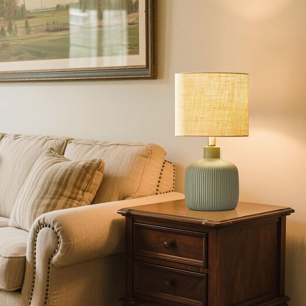 17.75 in. Painted Green Contemporary Ceramic Table Lamp for Living Room with Natural Linen Shade