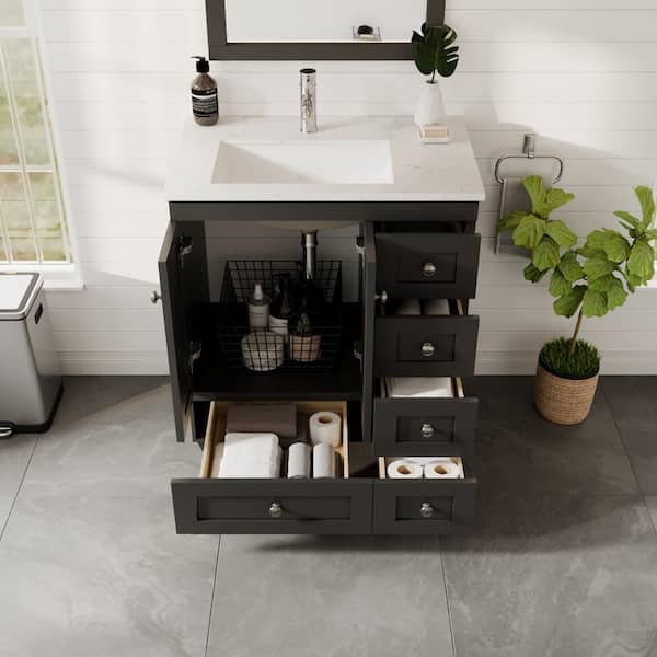 Happy 28 in. Single Sink Espresso Bath Vanity with White Carrara Quartz Top (Assembled)