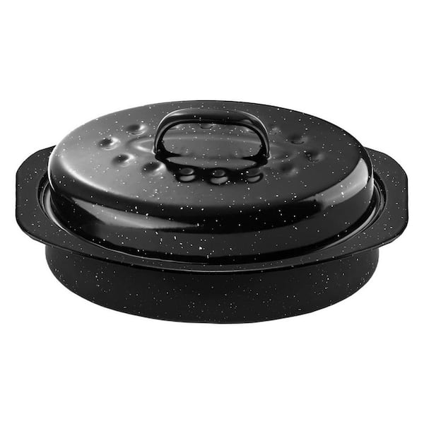 Alloy 13 in. Oval Enamel Steel Nonstick Covered Roaster Pan with Lid Black for Turkey Chicken Roast Baking