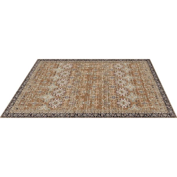 Large 8 x 10 ft. Washable Area Rug, Vintage, Non-Slip, Tear-Resistant,  360g Faux Cashmere TPR Backing Brown Green