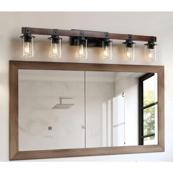 42.3 in. 6-Light Walnut+black Farmhouse Vanity Light with Clear Glass Lampshade
