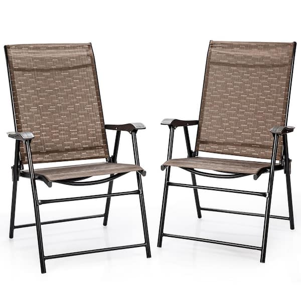 Costway Brown Metal Folding Lawn Chair (Set of 2)