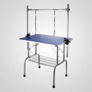 High Quality Folding Pet Grooming Table Stainless Legs and Arms Blue Rubber Top Storage Basket