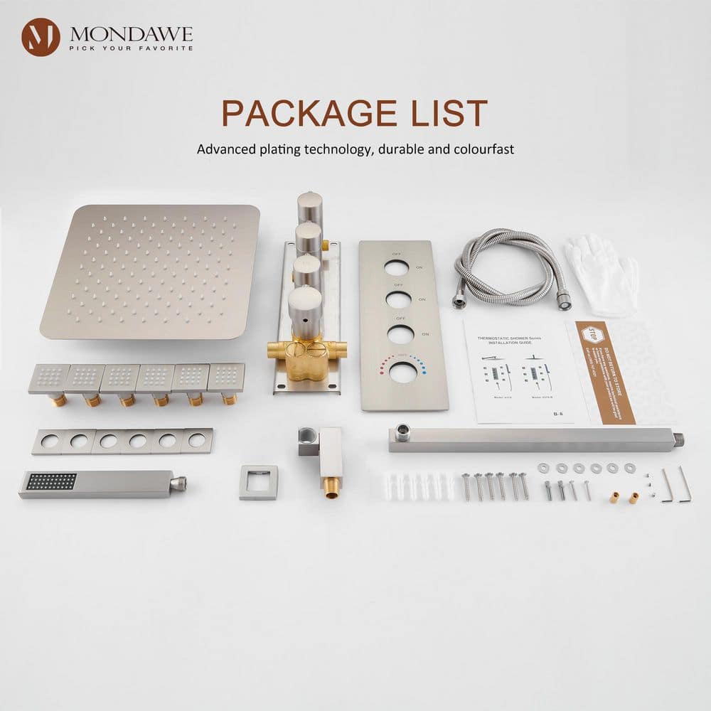 Brushed Nickel Wall Mounted Shower System with Adjustable Heads and Body Jets