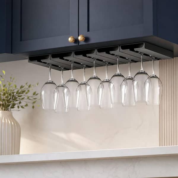 4 Pack Black Under Cabinet Wine Glass Rack Stemware Rack Stemware Organizer, Self-Adhesive Punch-Free Space Saving