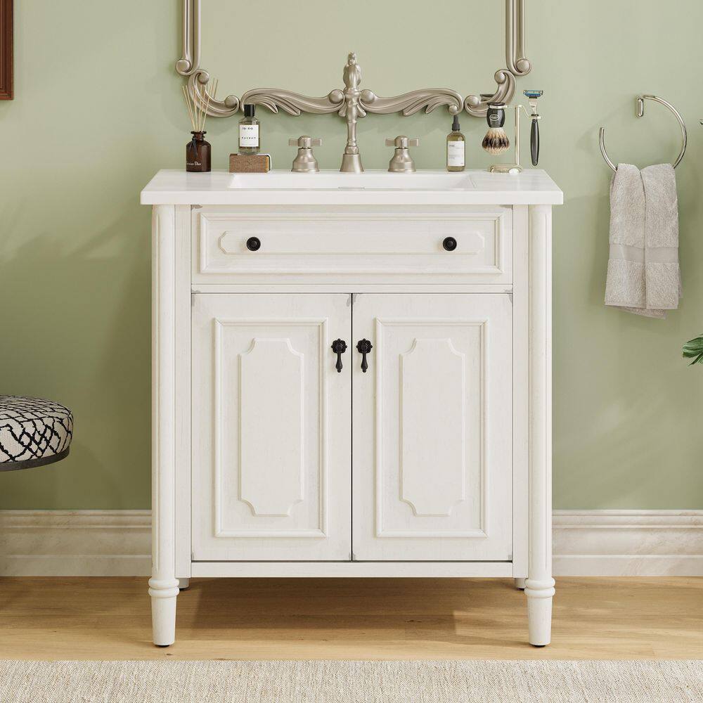 31 in. W x 18.8 in. D x 34.4 in. H Single Sink Freestanding Bath Vanity in Ancient White with White Ceramic Top price history on PriceWatchPro
