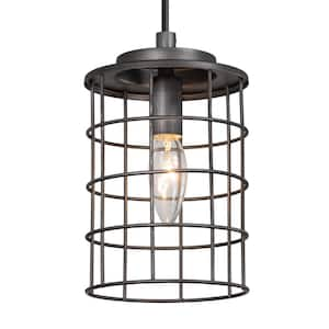 Industrial 40W 1-Light Brushed Silver Drum Mini Pendant Light with Metal Cage Shade and No Bulb Included