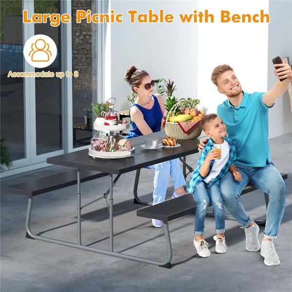 Costway 72 in. Black Rectangle HDPE Plastic Picnic Tables 8 Person