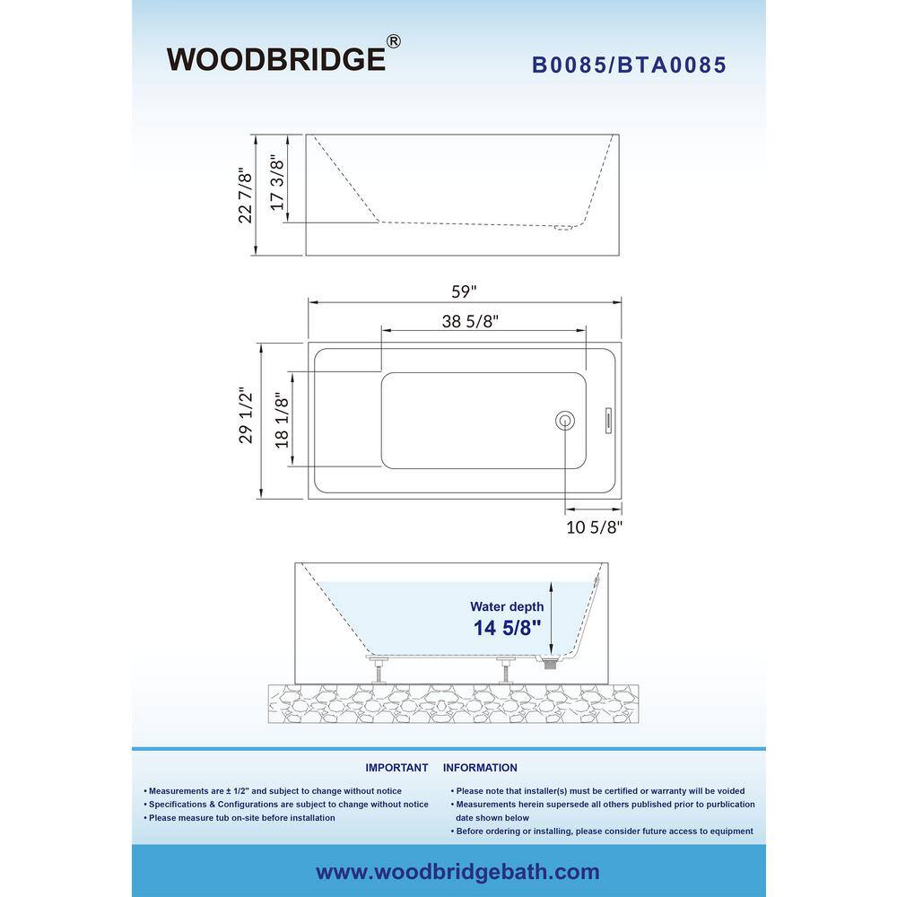59" White Acrylic Freestanding Rectangular Soaking Bathtub
