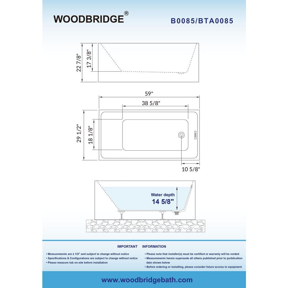 59'' White Acrylic Freestanding Rectangular Soaking Bathtub
