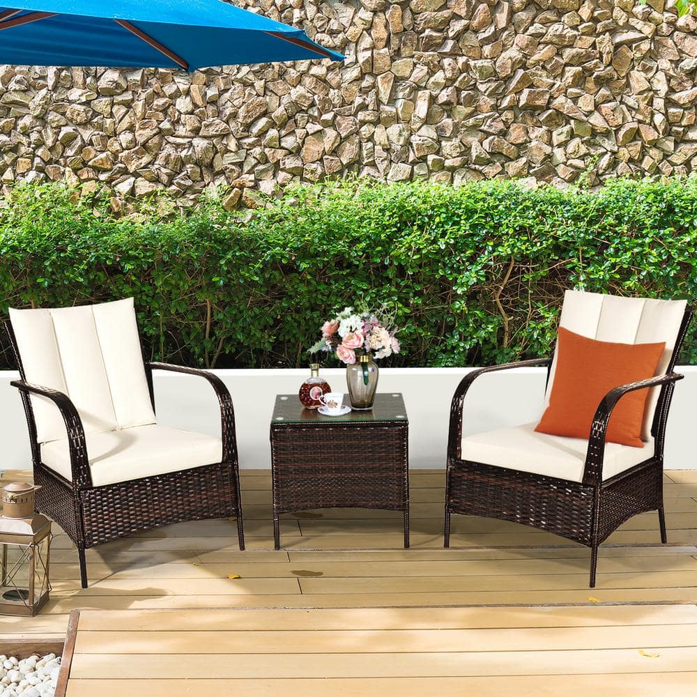 3-Piece Beige Rattan Patio Set with Cushions and Glass Table