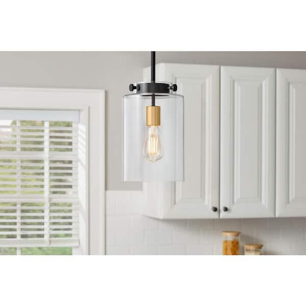 Hampton Bay Mullins 6.75 in. 1-Light Coal and Honey Gold Contemporary Mini Pendant with Clear Glass Shade, Pendant Light for Kitchen