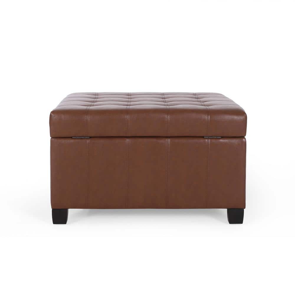 Rosalla Cognac Brown Faux Leather Tufted Storage Ottoman