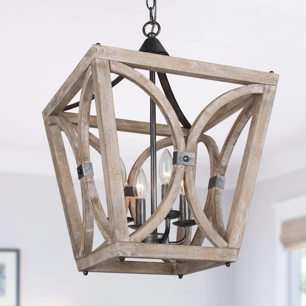 Uolfin Modern Farmhouse Cage Dining Room Chandelier 4-Light Handcrafted Wood Chandelier