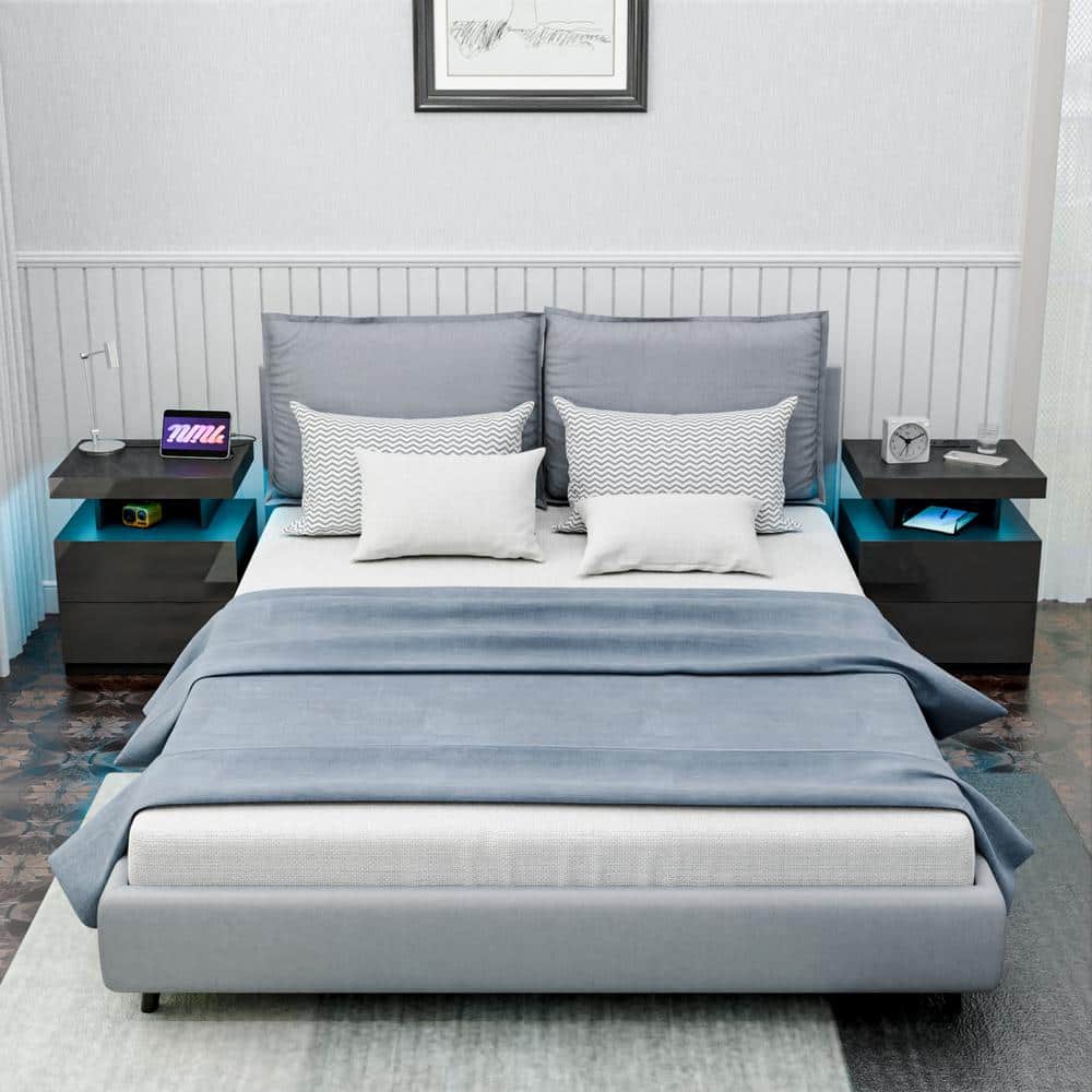 Modern Black 2-Drawer Nightstand with Wireless Charging and LED Light