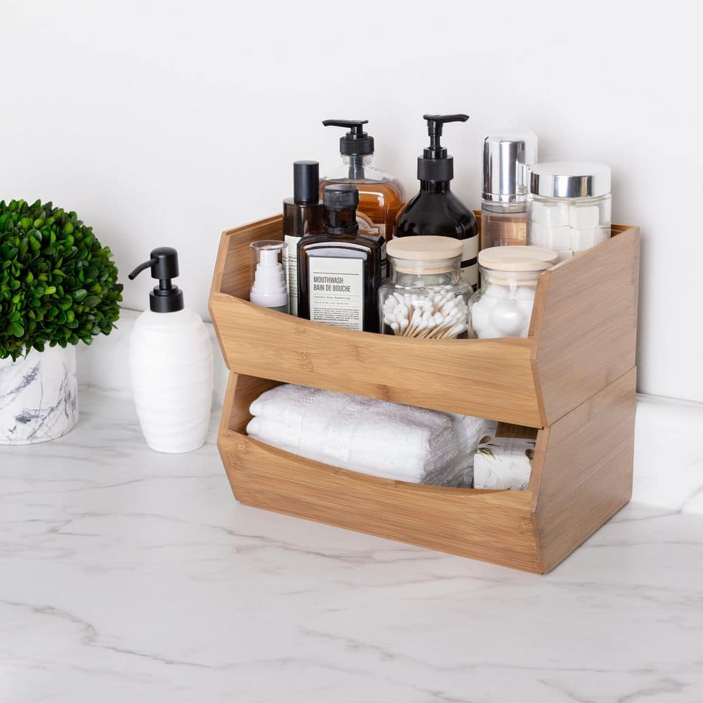 Eco-Friendly Bamboo Stackable Bin Organizer Set, 12" x 8" x 5"