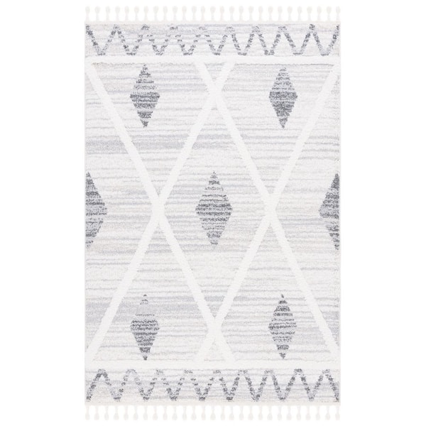 Moroccan Tassel Shag 9 ft. x 12 ft. Beige/Gray Zig-Zag Border Diamond Area Rug