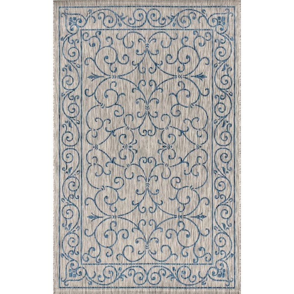 Charleston Vintage Filigree Gray/Navy 3 ft. 11 in. x 6 ft. Textured Weave Indoor/Outdoor Area Rug