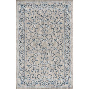 Charleston Vintage Filigree Gray/Navy 5 ft. 3 in. x 7 ft. 7 in. Textured Weave Indoor/Outdoor Area Rug