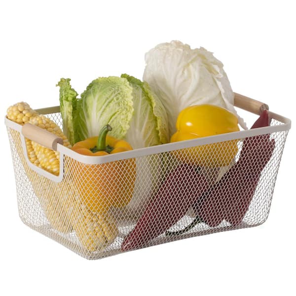 Multipurpose Metal Mesh Basket with Wooden Handle Organizer for Kitchen Pantry Bathroom Cabinet Closet, Small
