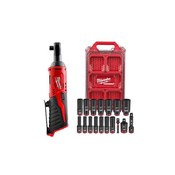 M12 12V Lithium-Ion 3/8 in. Cordless Ratchet (Tool-Only) & Socket Set (17 PC)