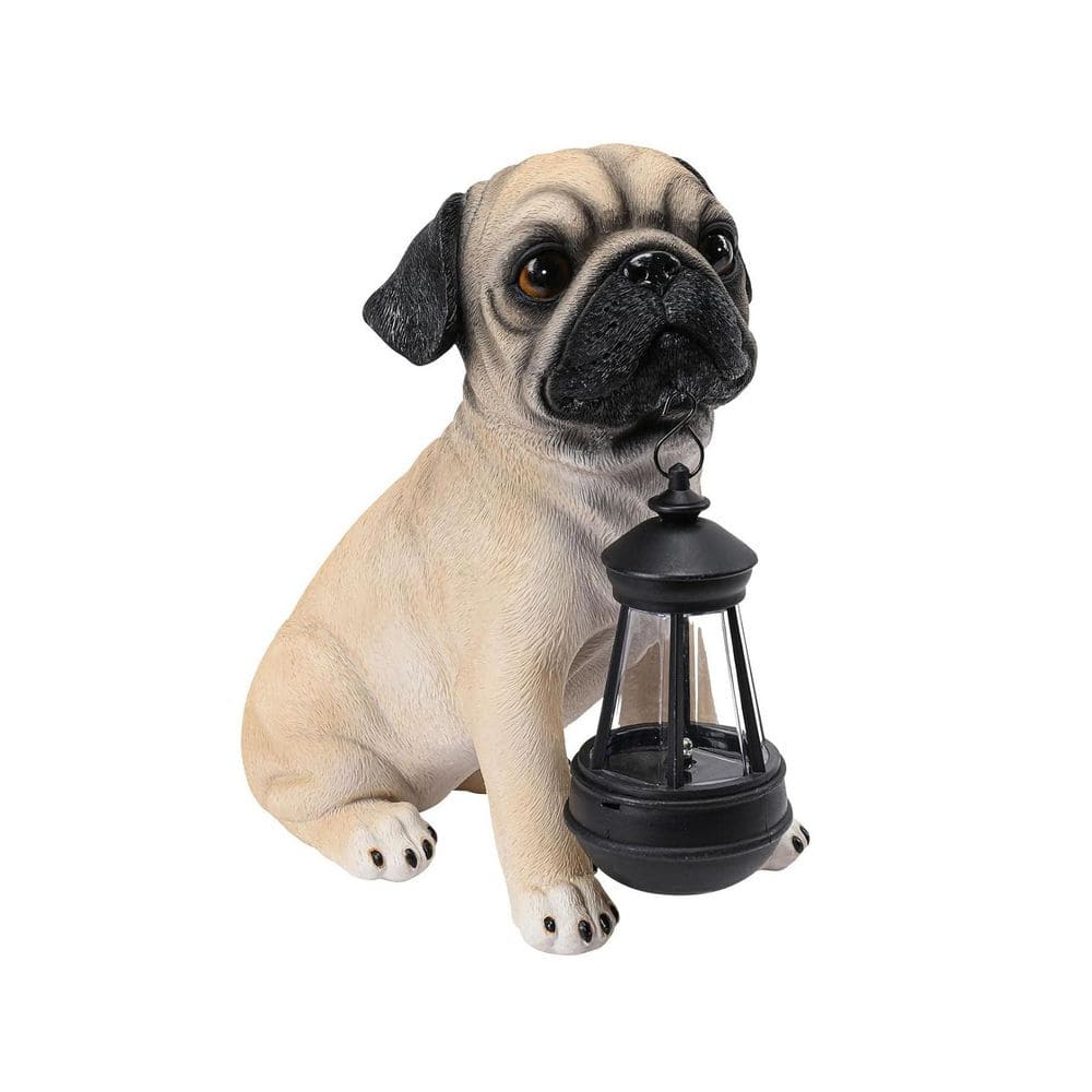 5 in. x 10 in. Beige Resin Dog Garden Statue with Solar Lantern