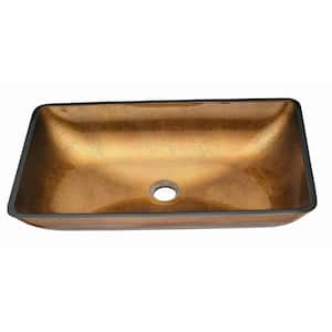 Modern Gold Glass Rectangular Vessel Sink with Gold Faucet and Gold Pop Up Drain Included