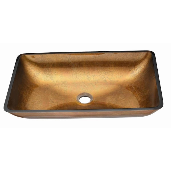 Tileon Modern Gold Glass Rectangular Vessel Sink with Gold Faucet and Gold Pop Up Drain Included