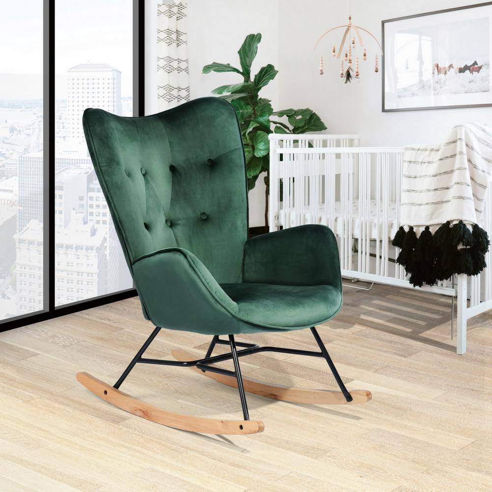 Green Velvet Tufted Rocking Chair with Wooden Base
