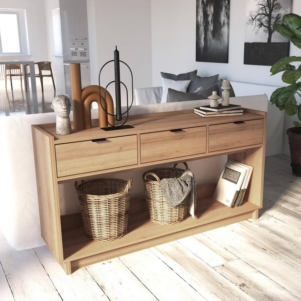 Natural Oak Modern Wood Console Table with Storage Drawers